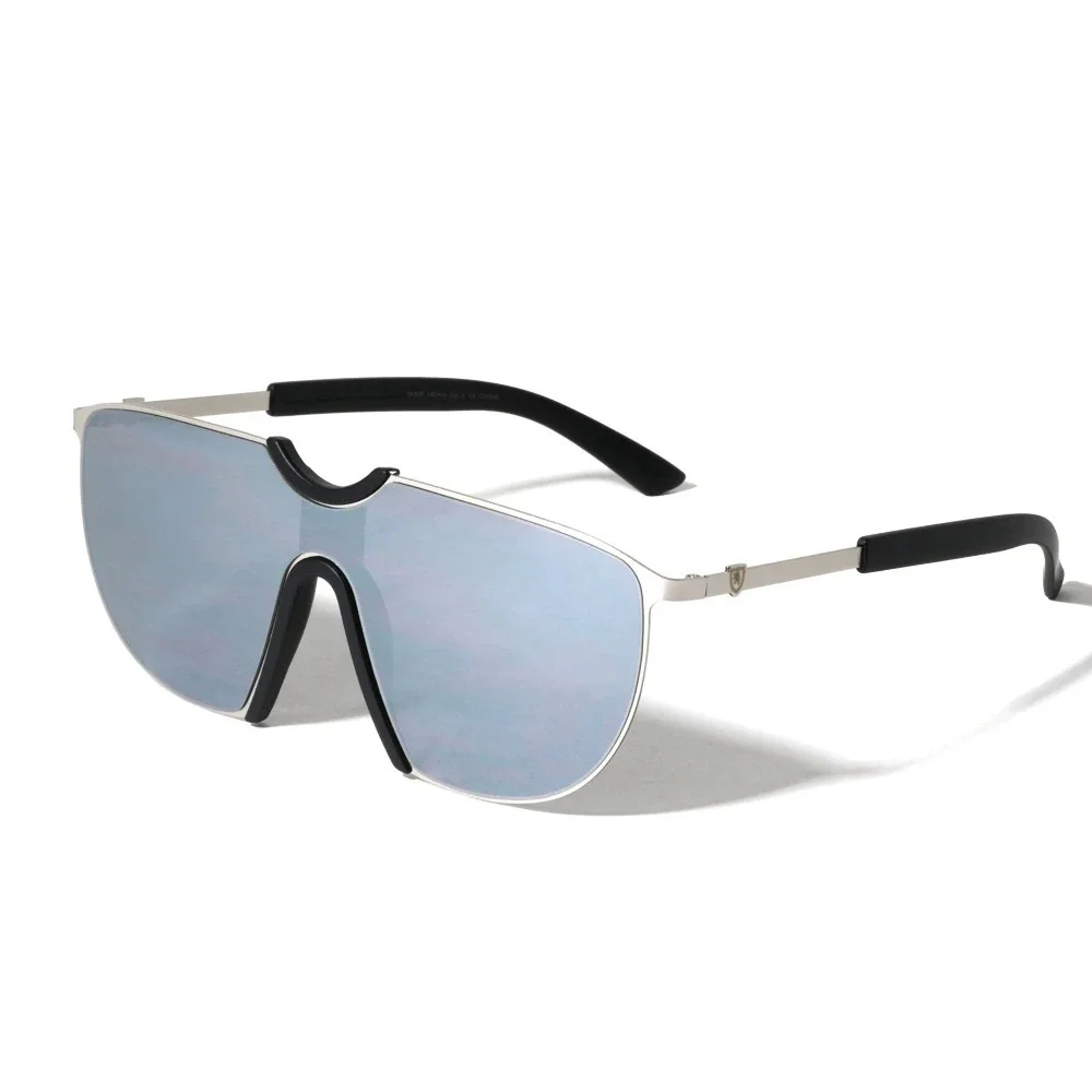 Shield Sunglasses Silver Mirrored Lens Semi Rimless Sporty Fashion Men Oversized